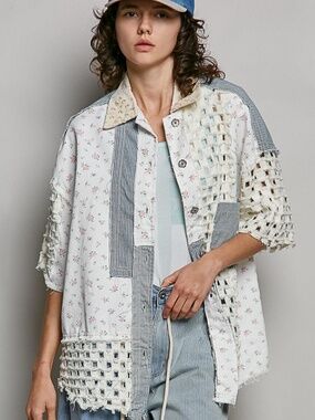 POL Mixed Media Floral Woven Patchwork Button Front Oversized Shirt NWT